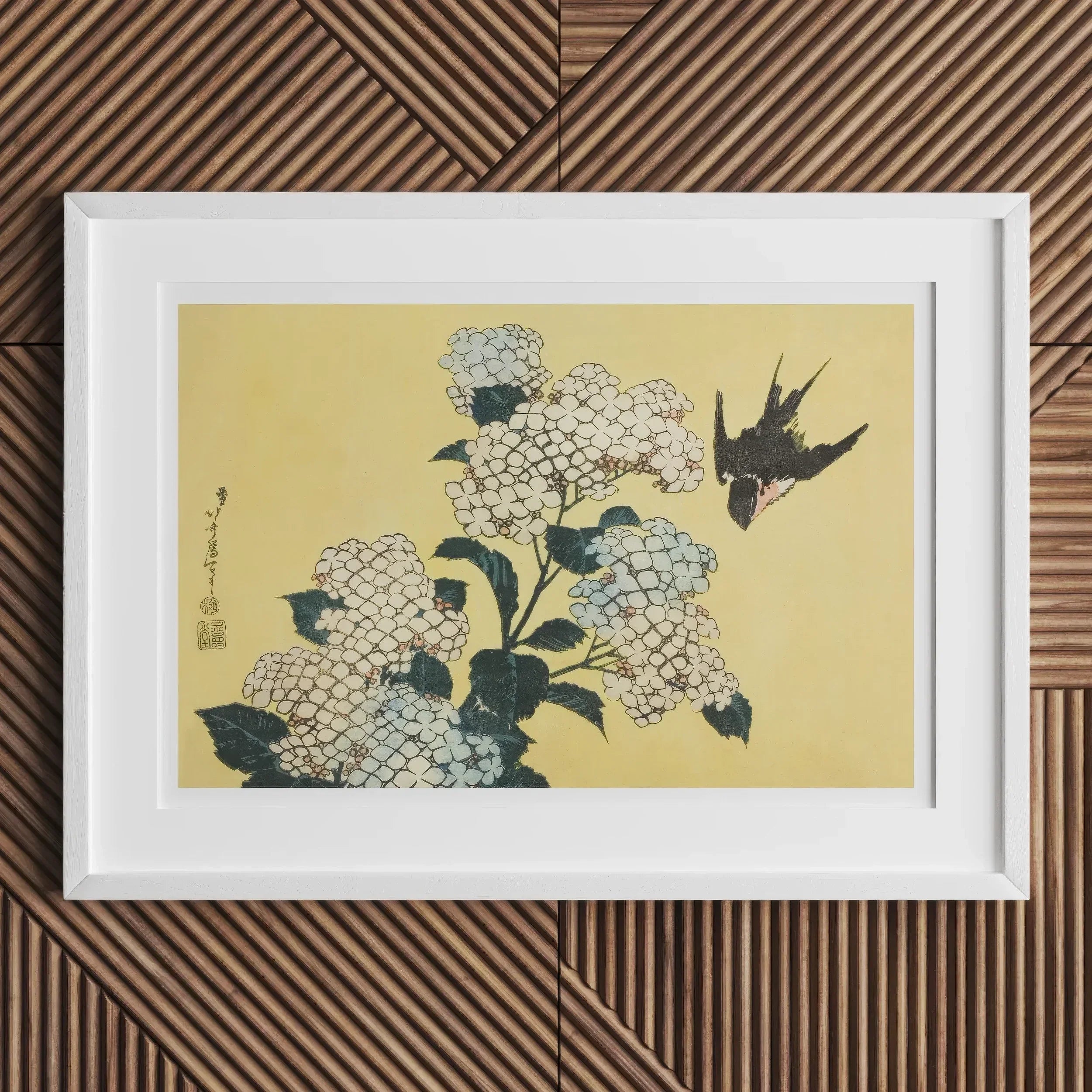Hydrangea & Swallow Hokusai Ukiyo e Woodblock Art Print, Framed Japanese Style Artwork Hydrangea Flowers Swallow Flight