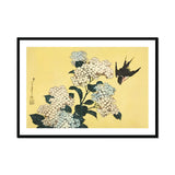 Hydrangea & Swallow - Hokusai Ukiyo-e Woodblock Art Print, White Hydrangea Flowers Green Leaves Black Swallow Flight
