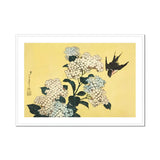 Hydrangea & Swallow - Hokusai Ukiyo-e Woodblock Art Print, White Hydrangea Flowers Green Leaves Black Swallow Flight