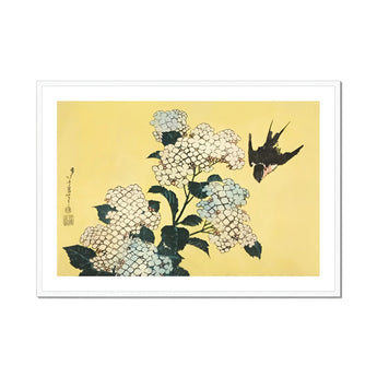Hydrangea & Swallow - Hokusai Ukiyo-e Woodblock Art Print, White Hydrangea Flowers Green Leaves Black Swallow Flight