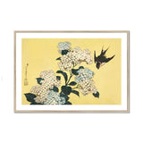 Hydrangea & Swallow - Hokusai Ukiyo-e Woodblock Art Print, White Hydrangea Flowers Green Leaves Black Swallow Flight