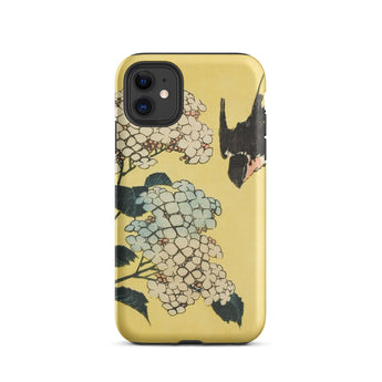 Hydrangea & Swallow - Hokusai Woodblock Art Iphone Case, 11 / Matte, Yellow Phone Case Floral Design