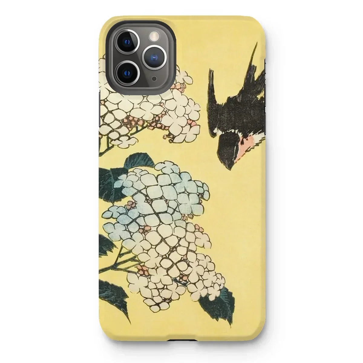 Hydrangea & Swallow - Hokusai Woodblock Art Iphone Case, 11 Pro Max / Matte, Iphone Case Japanese-style Floral Bird Design Yellow Background