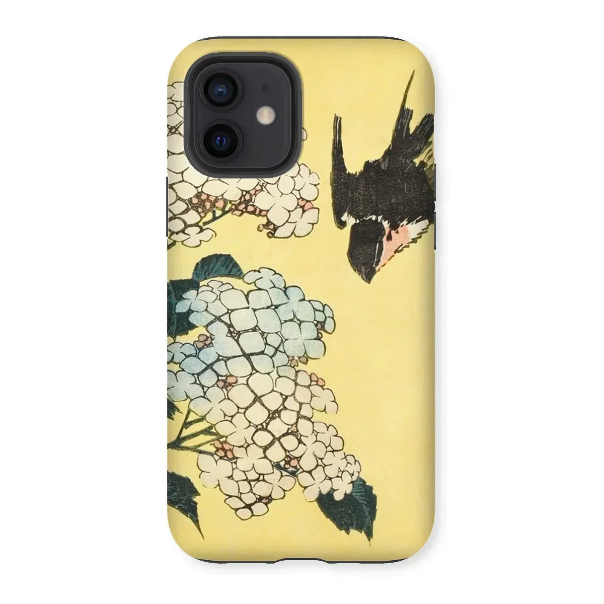Hydrangea & Swallow - Hokusai Woodblock Art Iphone Case, 12 / Matte, Phone Case Japanese-style Floral Bird Design Yellow Background