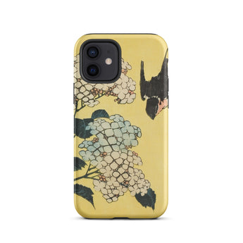 Hydrangea & Swallow - Hokusai Woodblock Art Iphone Case, 12 / Matte, Yellow Phone Case Floral Bird Design