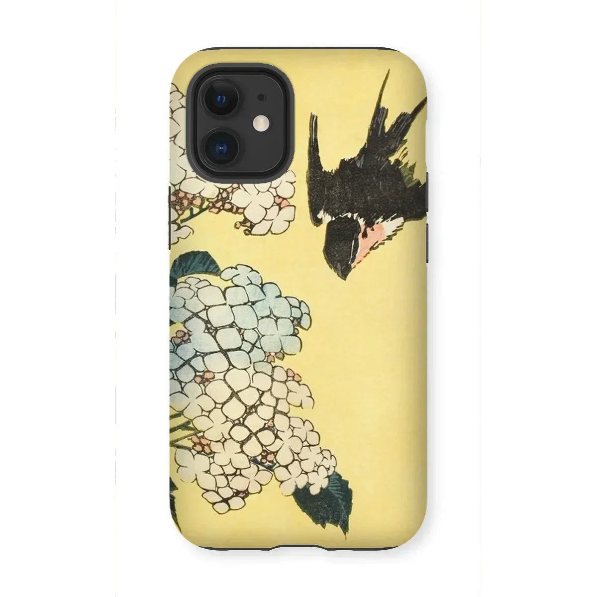 Hydrangea & Swallow - Hokusai Woodblock Art Iphone Case, 12 Mini / Matte, Phone Case Japanese-style Floral Bird Design Yellow Background