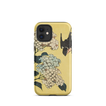 Hydrangea & Swallow - Hokusai Woodblock Art Iphone Case, 12 Mini / Matte, Yellow Phone Case Floral Design