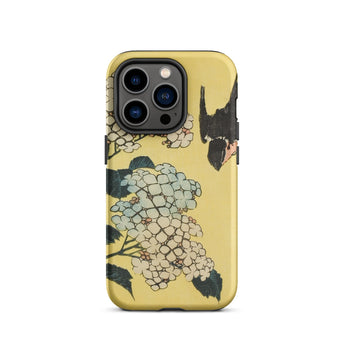 Hydrangea & Swallow - Hokusai Woodblock Art Iphone Case, 14 Pro / Matte, Yellow Phone Case Floral Bird Design