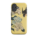 Hydrangea & Swallow - Hokusai Woodblock Art Iphone Case, 16 Plus / Matte, Yellow Phone Case Floral Bird Design