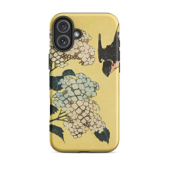 Hydrangea & Swallow - Hokusai Woodblock Art Iphone Case, 16 Plus / Matte, Yellow Phone Case Floral Bird Design