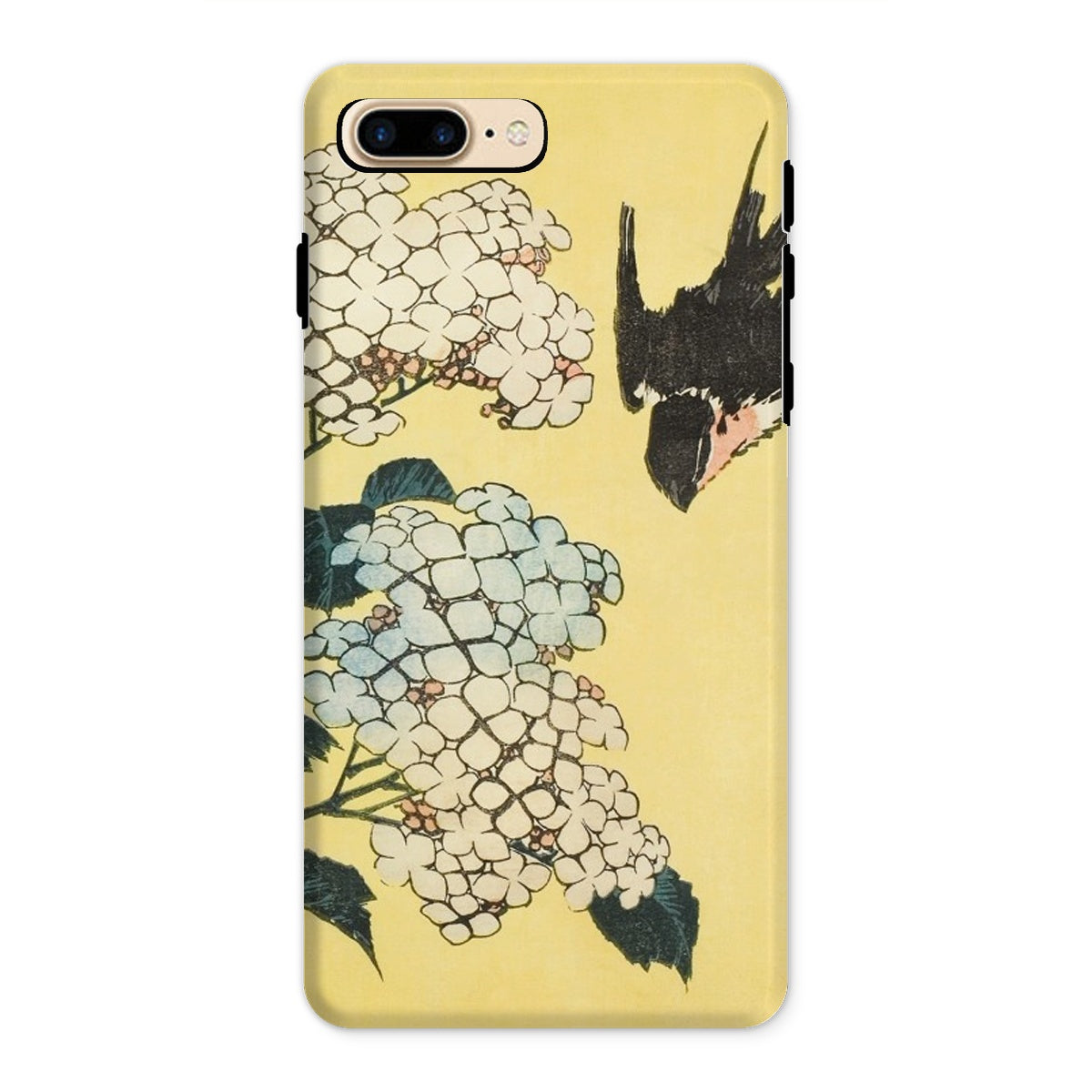 Hydrangea & Swallow Hokusai Woodblock Art Iphone Case, 8 Plus / Matte, Phone Case Japanese Style Floral Bird Design Yellow Background