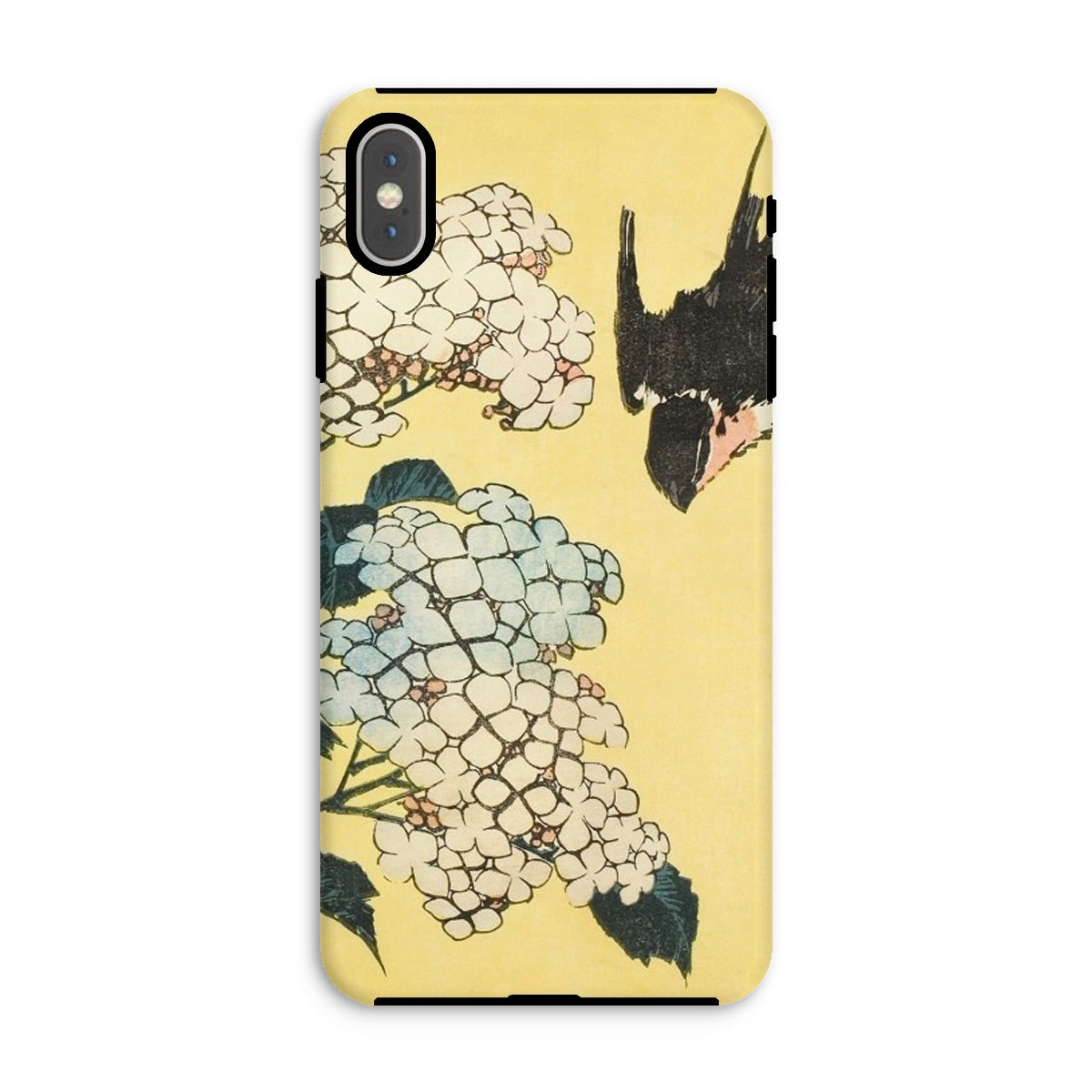 Hydrangea & Swallow Hokusai Woodblock Art Iphone Case, Xs Max / Matte, Phone Case Japanese Style Floral Bird Design Yellow Background