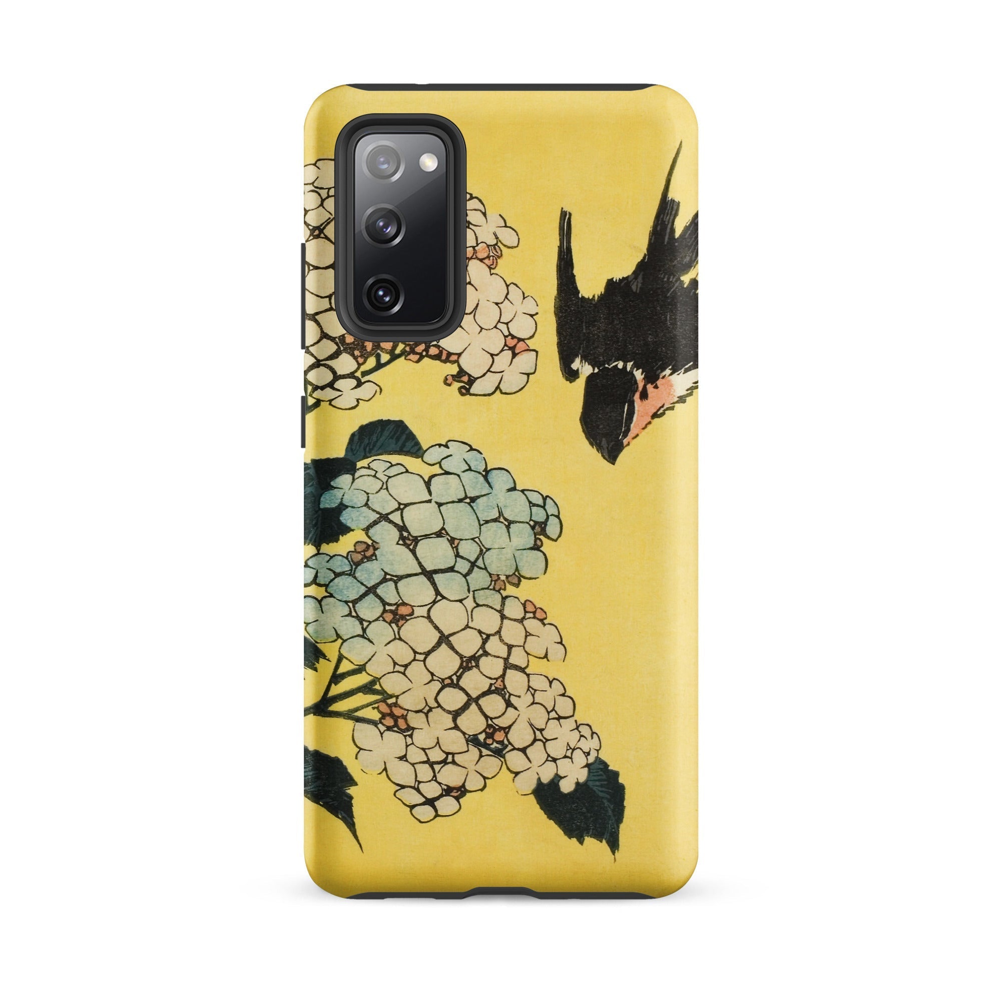 Hydrangea & Swallow Hokusai Woodblock Art Samsung Case, Galaxy S20 Fe / Matte, Yellow Smartphone Case Floral Bird Design