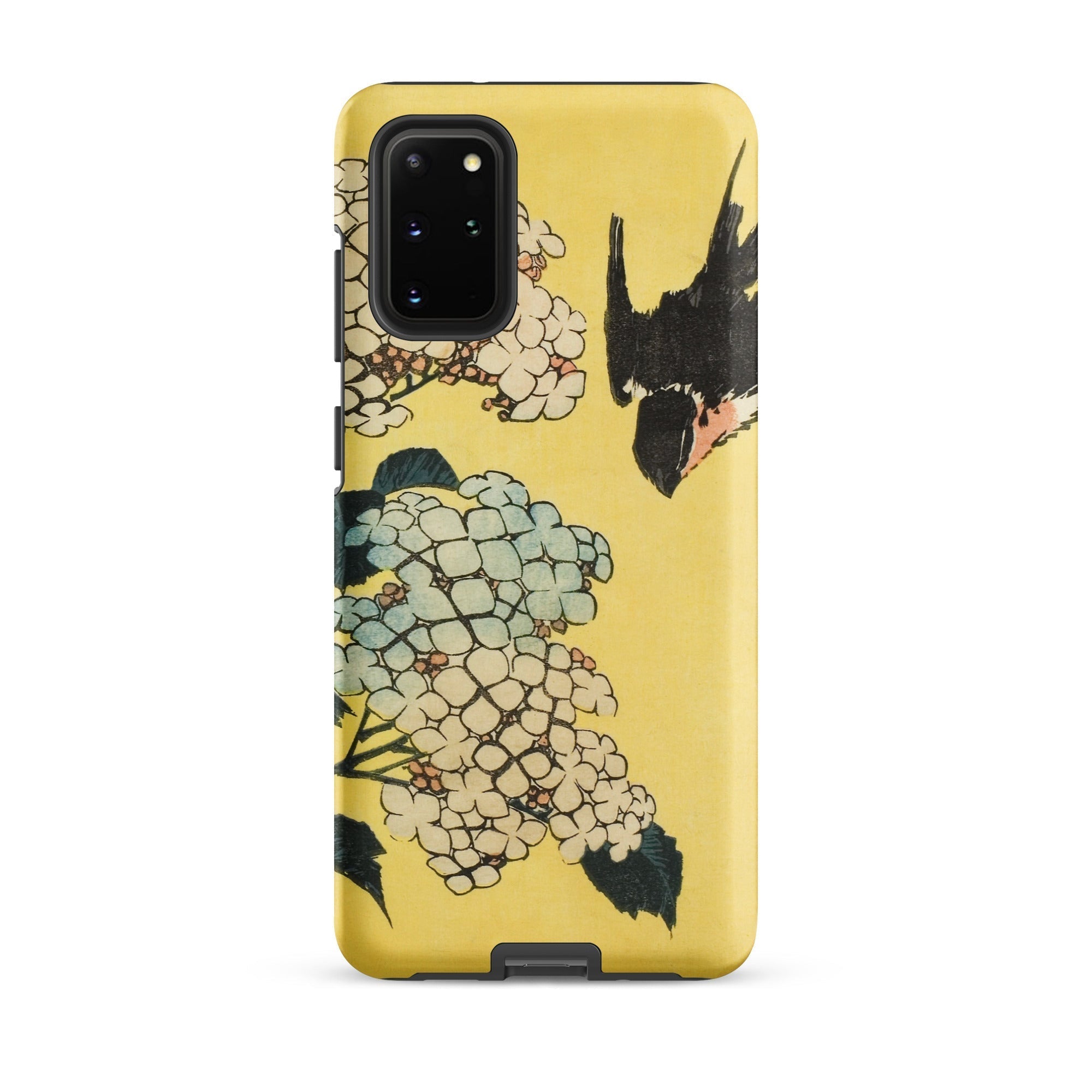 Hydrangea & Swallow Hokusai Woodblock Art Samsung Case, Galaxy S20 Plus / Matte, Vibrant Yellow Phone Case Floral Bird Design
