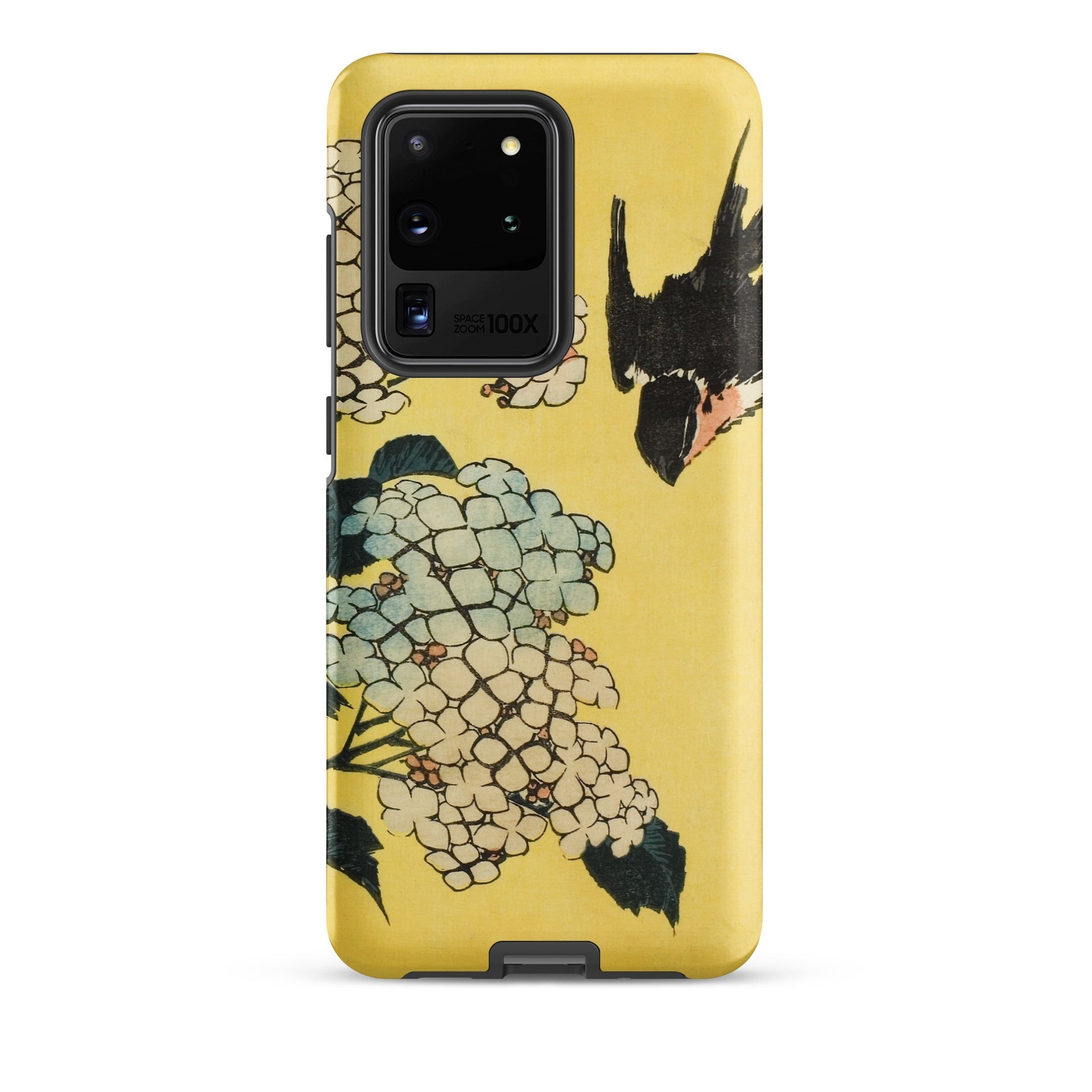 Hydrangea & Swallow Hokusai Woodblock Art Samsung Case, Galaxy S20 Ultra / Matte, Yellow Smartphone Case Floral Bird Design