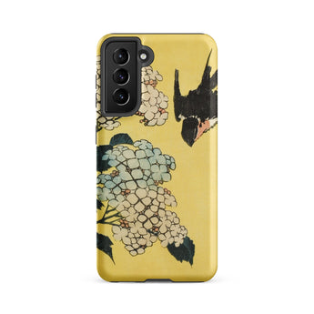 Hydrangea & Swallow - Hokusai Woodblock Art Samsung Case, Galaxy S21 Fe / Matte, Yellow Smartphone Case Floral Bird Design