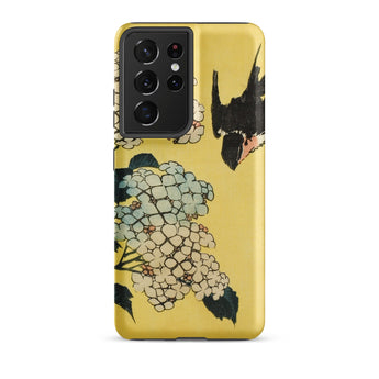 Hydrangea & Swallow - Hokusai Woodblock Art Samsung Case, Galaxy S21 Ultra / Matte, Yellow Phone Case Floral Design