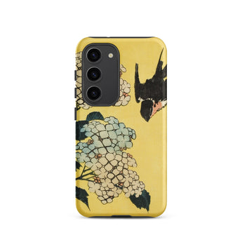 Hydrangea & Swallow - Hokusai Woodblock Art Samsung Case, Galaxy S23 / Matte, Yellow Phone Case Floral Bird Design