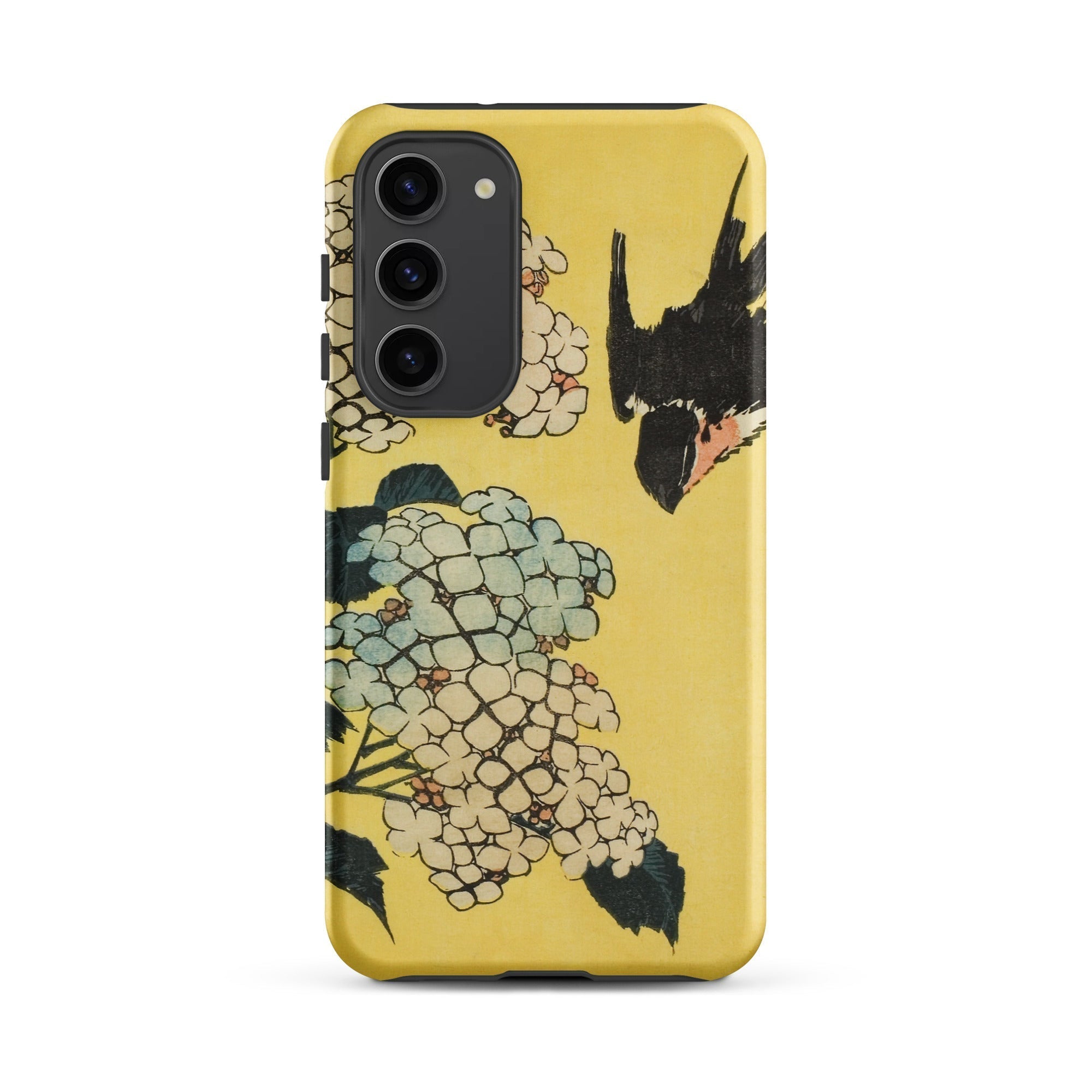 Hydrangea & Swallow Hokusai Woodblock Art Samsung Case, Galaxy S23 Plus / Matte, Yellow Phone Case Floral Bird Design