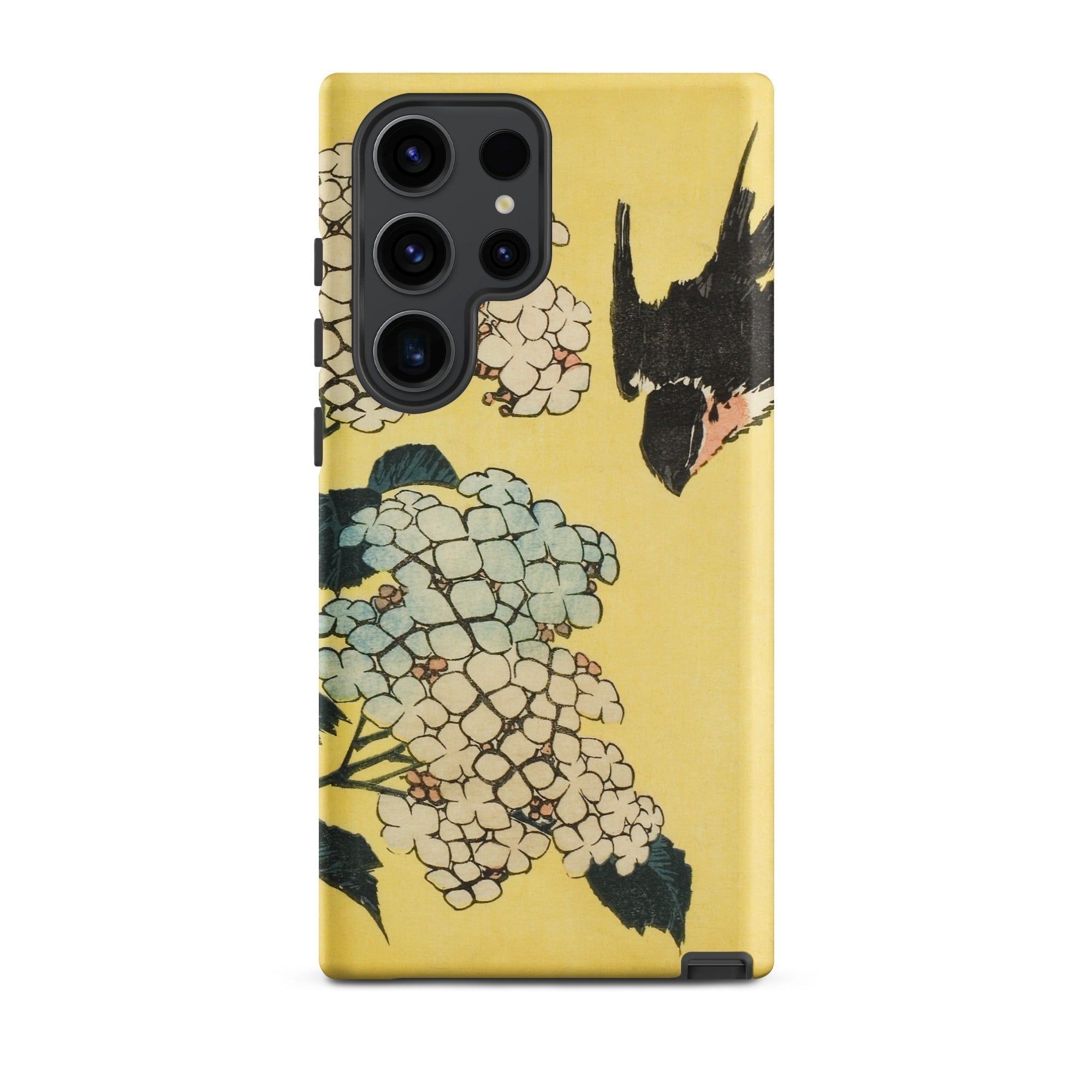 Hydrangea & Swallow Hokusai Woodblock Art Samsung Case, Galaxy S23 Ultra / Matte, Yellow Phone Case Floral Design Bird