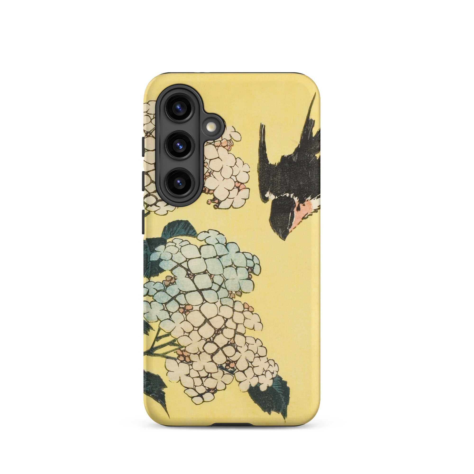 Hydrangea & Swallow Hokusai Woodblock Art Samsung Case, Galaxy S24 / Matte, Smartphone Case Yellow Background Floral Bird Design