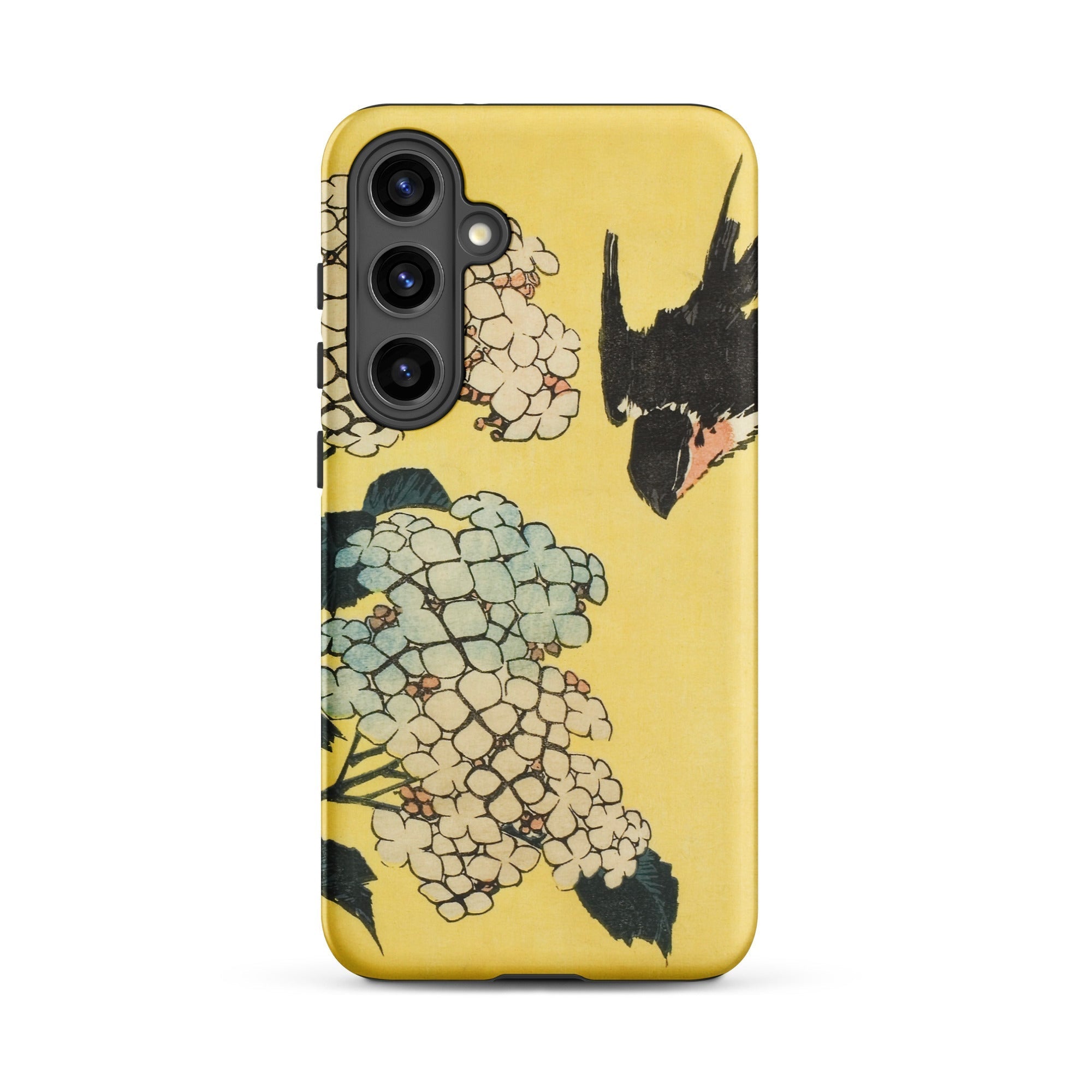 Hydrangea & Swallow Hokusai Woodblock Art Samsung Case, Galaxy S24 Plus / Matte, Yellow Smartphone Case Artistic Print Flowers Bird