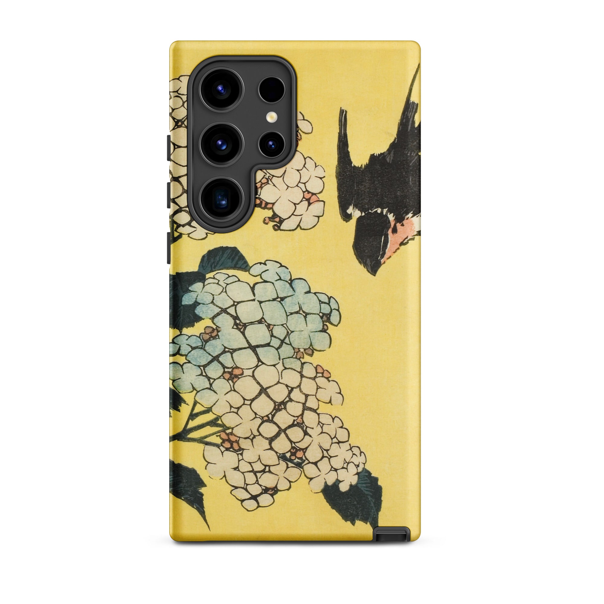 Hydrangea & Swallow Hokusai Woodblock Art Samsung Case, Galaxy S24 Ultra / Matte, Yellow Smartphone Case Artistic Floral Bird Design