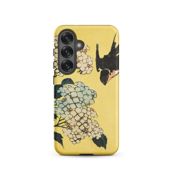 Hydrangea & Swallow - Hokusai Woodblock Art Samsung Case, Galaxy S25 / Matte, Yellow Smartphone Case Floral Bird Design