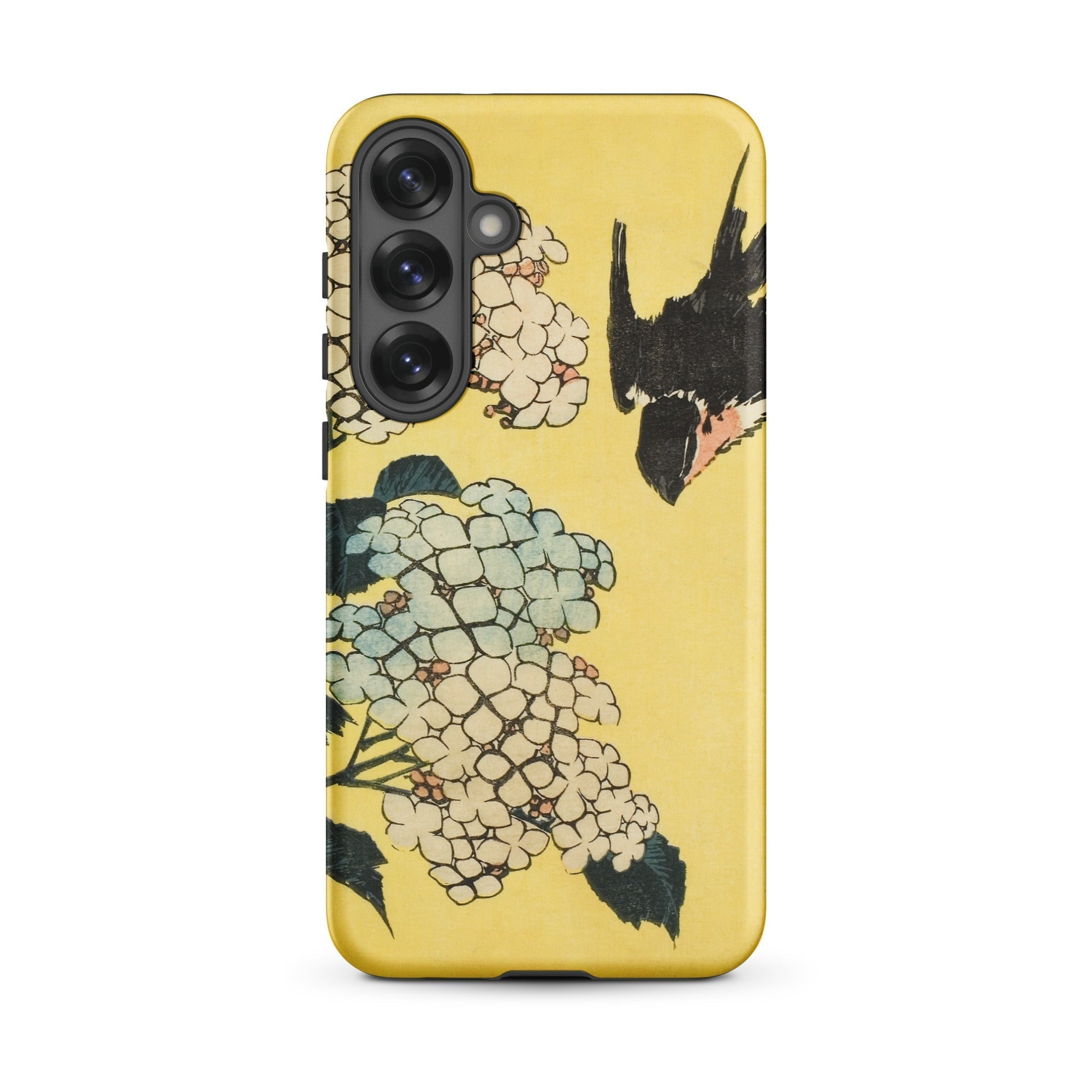 Hydrangea & Swallow Hokusai Woodblock Art Samsung Case, Galaxy S25 Plus / Matte, Vibrant Yellow Phone Case Floral Bird Design