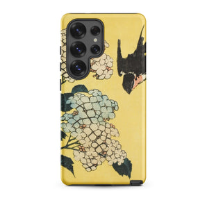 Hydrangea & Swallow - Hokusai Woodblock Art Samsung Case, Galaxy S25 Ultra / Matte, Vibrant Yellow Phone Case Floral Bird Design