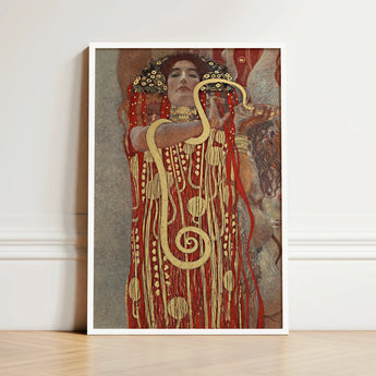 Red Gold Art Nouveau Print White Frame Woman Gustav Klimt’s Hygieia, Medicine Ceiling Painting, Greek Goddess