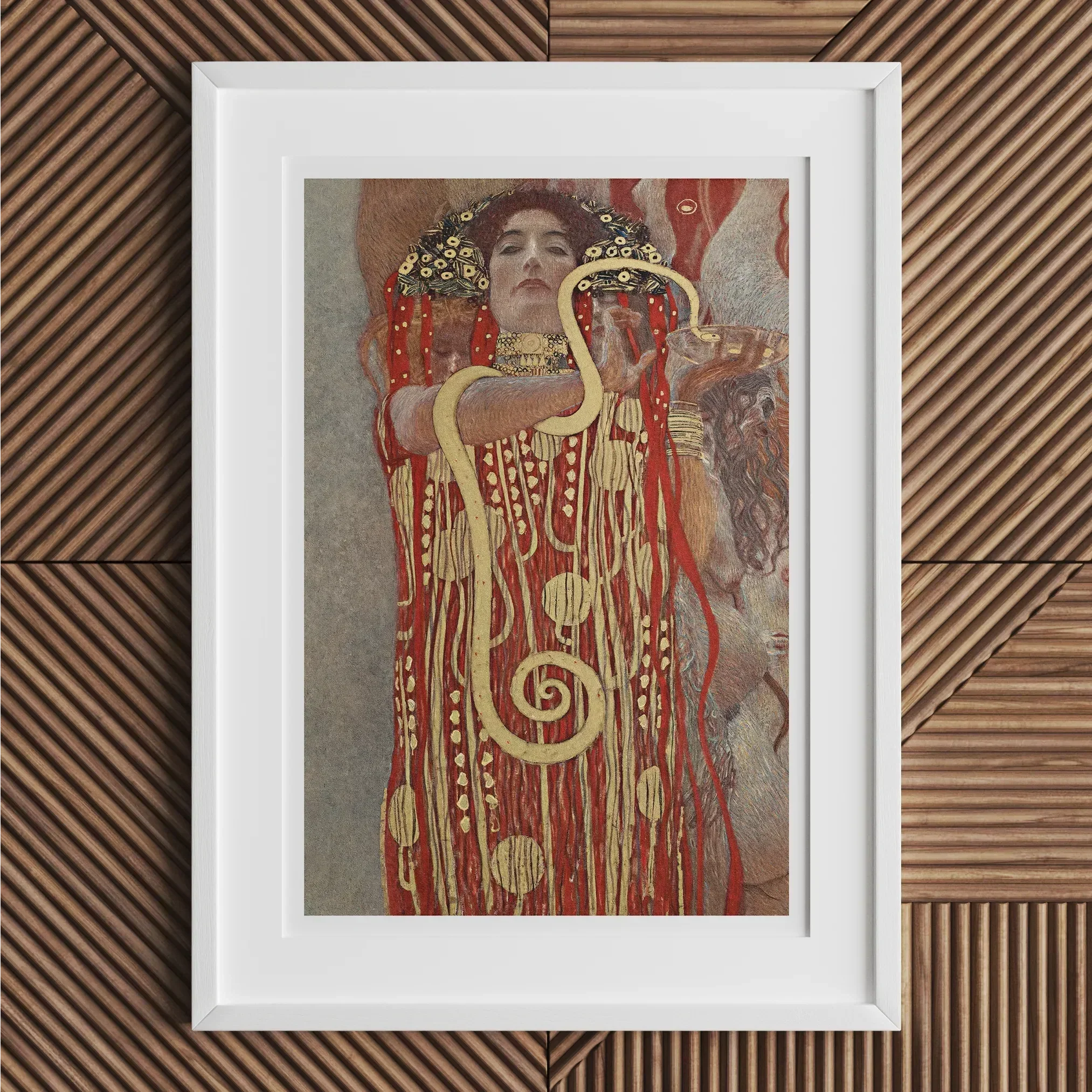 Hygieia Gustav Klimt Ancient Goddess Art Print, Framed Artwork Stylized Figure Ornate Gold Red Robes