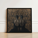 Black-framed Artwork Two Silhouetted Figures Intricate Gold-toned Floral Yoruba Ibeji Meeting, Victorian Twins Art, Matched Reliquaries