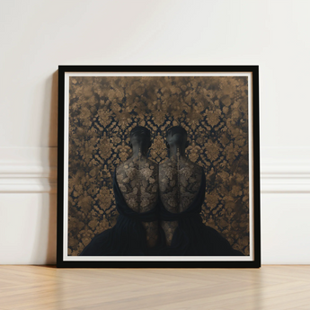 Black-framed Art Print Two Dark Silhouetted Figures Intricate Yoruba Ibeji Meeting, Victorian Twins, Matched Reliquaries