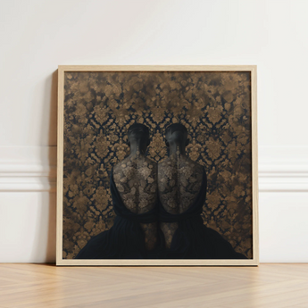 Square-framed Artwork Two Dark Silhouetted Figures Intricate Gold Yoruba Ibeji Meeting, Victorian Twins Art, Matched Reliquaries