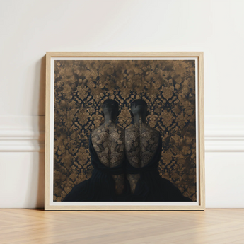Square-framed Artwork Two Dark Silhouetted Figures Intricate Lace-like Yoruba Ibeji Meeting, Victorian Twins Art, Matched Reliquaries