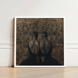 Framed Art Print Two Dark Silhouetted Figures Intricate Yoruba Ibeji Meeting, Victorian Twins, Matched Reliquaries