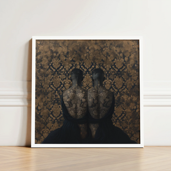 Framed Art Print Two Dark Silhouetted Figures Intricate Yoruba Ibeji Meeting, Victorian Twins, Matched Reliquaries