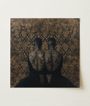 Square Canvas Painting Two Dark Figures Intricate Gold Yoruba Ibeji Meeting, Victorian Twins Art, Matched Reliquaries