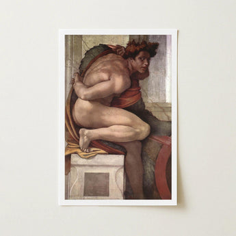 Ignudo - Michelangelo Divine Male Art Print / Canvas Framed Reproduction Michelangelo’s Fresco Muscular Nude Figure, Olive Drapery Spill,