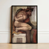 Ignudo - Michelangelo Divine Male Art Print / Canvas Black-framed Reproduction Michelangelo’s Creation Adam Mural, Olive Drapery Spill,