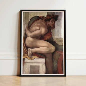 Ignudo - Michelangelo Divine Male Art Print / Canvas Black-framed Classical Painting Muscular Nude, Olive Drapery Spill, Torso Wrenched