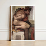 Ignudo - Michelangelo Divine Male Art Print / Canvas White-framed Michelangelo’s Creation Adam Muscular Nude Figure, Olive Drapery Spill,