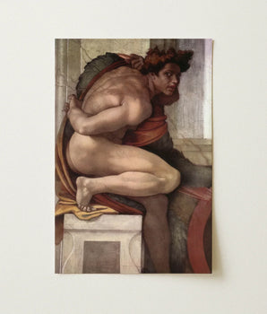 Reproduction Michelangelo’s Fresco Muscular Nude Male Figure Dark Michelangelo Divine, Olive Drapery Spill, Torso Wrenched