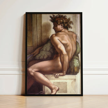 Ignudo - Michelangelo Drunkenness of Noah Art Print / Canvas Black-framed Classical Nude Male Figure Curly, Caramelized Thunder, Myth