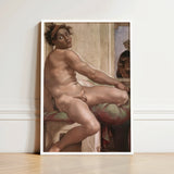 Ignudo - Michelangelo Sacrifice of Noah Art Print / Canvas White-framed Reproduction Classical Painting Nude Male Figure Dark Dream