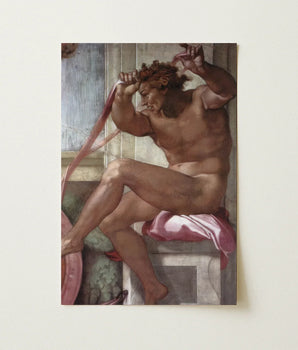 Reproduction Michelangelo’s Fresco Muscular Nude Figure Man Curly Michelangelo Cappella Sistina, Art Print, Ignudo Crowns