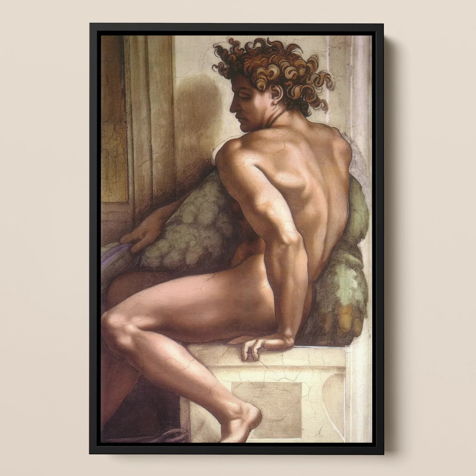 Ignudo - Michelangelo Sistine Chapel Framed Canvas, Framed Painting Nude Man