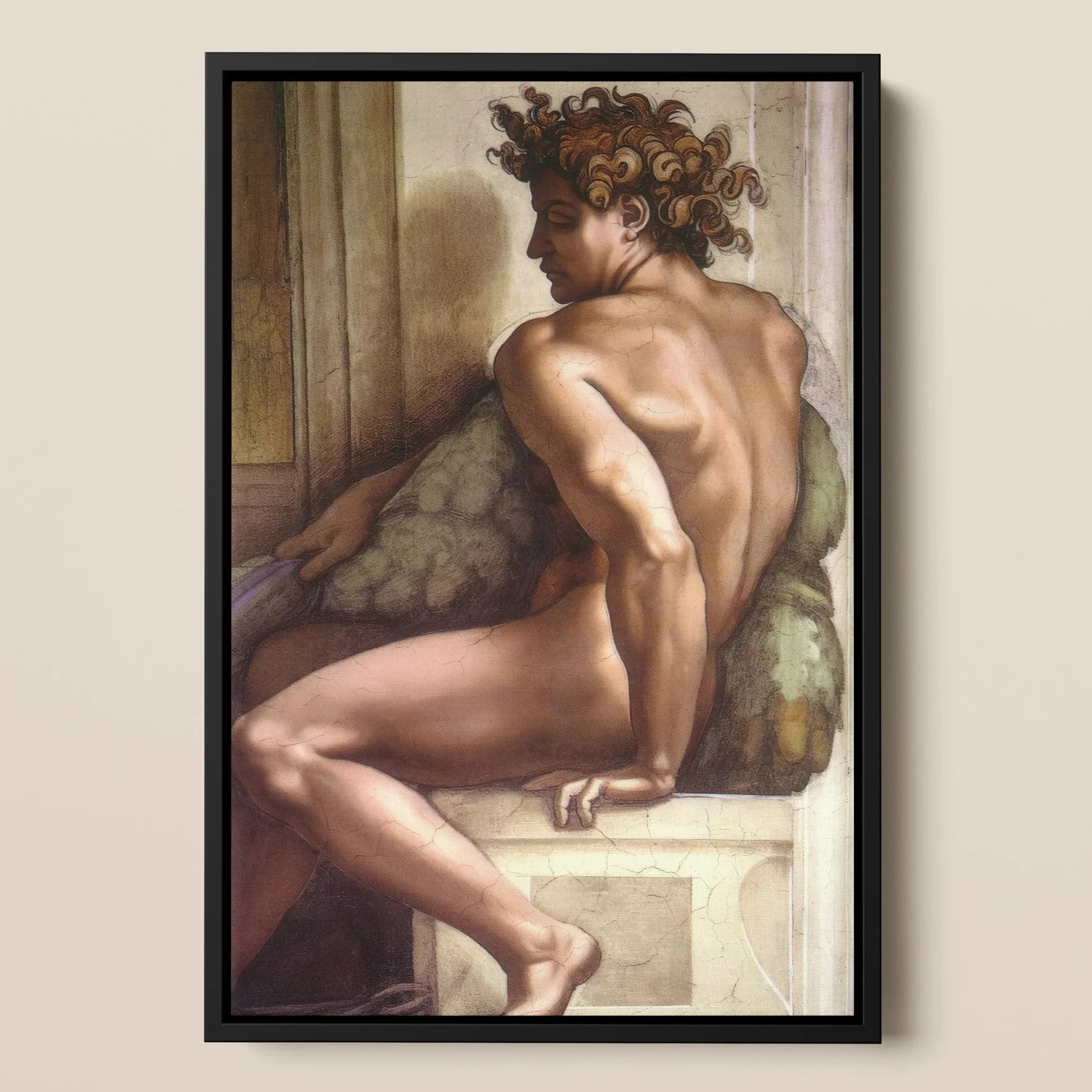 Ignudo - Michelangelo Sistine Chapel Framed Canvas, Framed Painting Nude Man