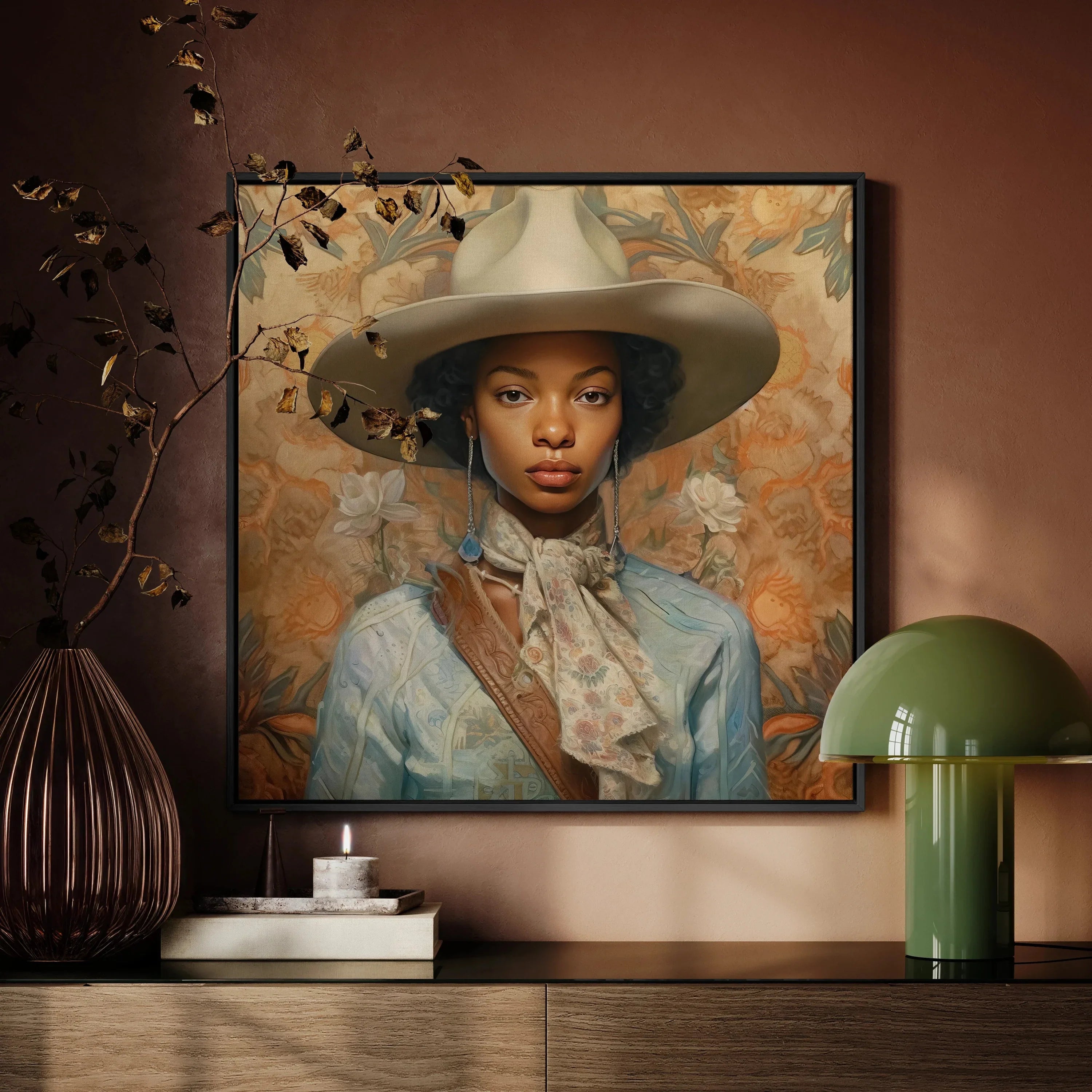 Imani Black Lesbian Cowgirl Art Framed Canvas, Portrait Painting Woman Wide Brimmed White Hat Light Blue